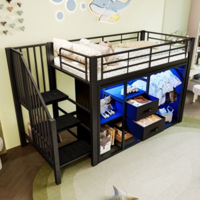 Lit Mezzanine 90x200 cm, Lit Enfant Simple avec LED et 2 Tiroirs, Armoire Ouverte, Métal MDF, Sans Matelas, Noir