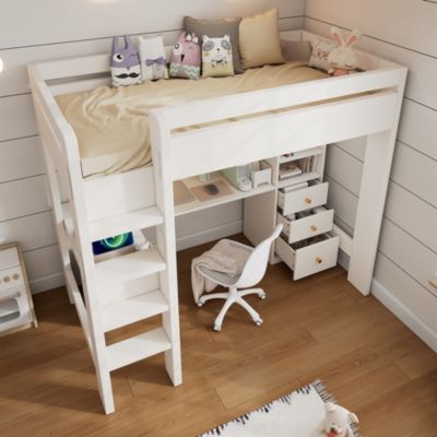 Lit mezzanine 90x200 cm, lit simple avec bureau en L, rangements et tiroirs, échelle, MDF/bois massif, blanc, sans matelas