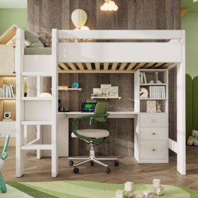 Lit mezzanine 90x200 cm, lit simple avec bureau en L, rangements et tiroirs, échelle, MDF/bois massif, blanc, sans matelas