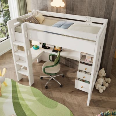 Lit mezzanine 90x200 cm, lit simple avec bureau en L, rangements et tiroirs, échelle, MDF/bois massif, blanc, sans matelas