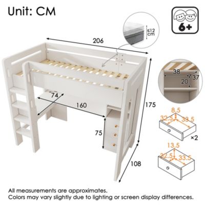 Lit mezzanine 90x200 cm, lit simple avec bureau en L, rangements et tiroirs, échelle, MDF/bois massif, blanc, sans matelas