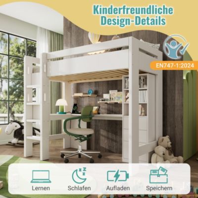 Lit mezzanine 90x200 cm, lit simple avec bureau en L, rangements et tiroirs, échelle, MDF/bois massif, blanc, sans matelas