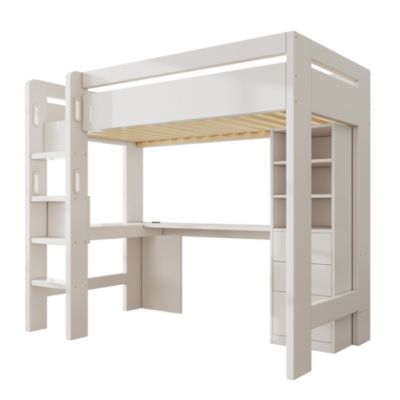 Lit mezzanine 90x200 cm, lit simple avec bureau en L, rangements et tiroirs, échelle, MDF/bois massif, blanc, sans matelas