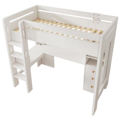 Lit mezzanine 90x200 cm, lit simple avec bureau en L, rangements et tiroirs, échelle, MDF/bois massif, blanc, sans matelas