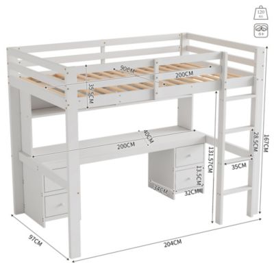 Lit mezzanine 90x200 cm - Lit Simple avec Escalier à Rampe Haute et bureau, tiroirs - Pin + MDF - Sans Matelas - Blanc