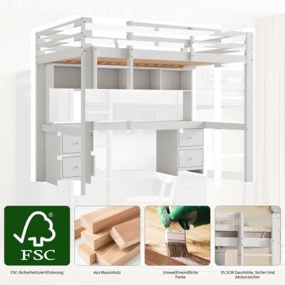 Lit mezzanine 90x200 cm - Lit Simple avec Escalier à Rampe Haute et bureau, tiroirs - Pin + MDF - Sans Matelas - Blanc