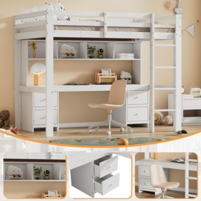 Lit mezzanine 90x200 cm - Lit Simple avec Escalier à Rampe Haute et bureau, tiroirs - Pin + MDF - Sans Matelas - Blanc