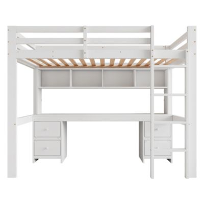 Lit mezzanine 90x200 cm - Lit Simple avec Escalier à Rampe Haute et bureau, tiroirs - Pin + MDF - Sans Matelas - Blanc