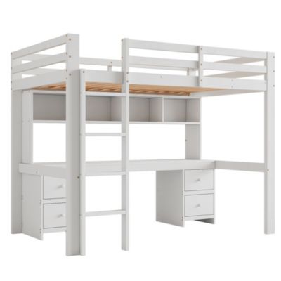 Lit mezzanine 90x200 cm - Lit Simple avec Escalier à Rampe Haute et bureau, tiroirs - Pin + MDF - Sans Matelas - Blanc