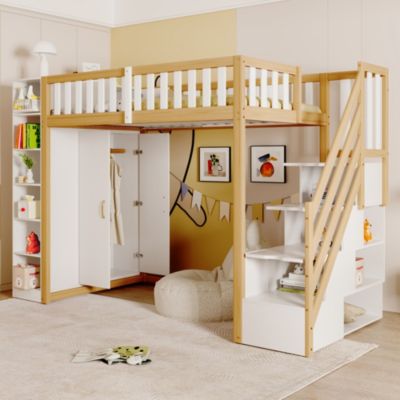 Lit Mezzanine 90x200 cm - Lit Simple avec Escalier Sécurisé, Armoire et Étagères de Rangement, Pin et MDF, Blanc et Bois Naturel