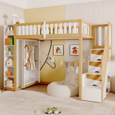 Lit Mezzanine 90x200 cm - Lit Simple avec Escalier Sécurisé, Armoire et Étagères de Rangement, Pin et MDF, Blanc et Bois Naturel