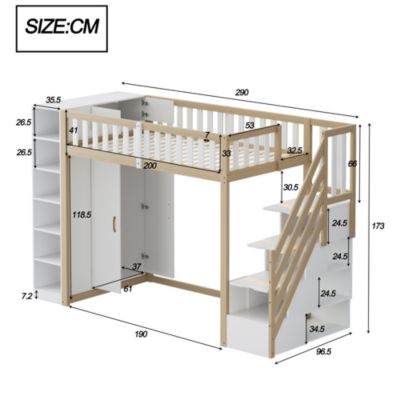 Lit Mezzanine 90x200 cm - Lit Simple avec Escalier Sécurisé, Armoire et Étagères de Rangement, Pin et MDF, Blanc et Bois Naturel