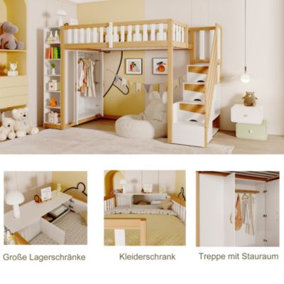 Lit Mezzanine 90x200 cm - Lit Simple avec Escalier Sécurisé, Armoire et Étagères de Rangement, Pin et MDF, Blanc et Bois Naturel