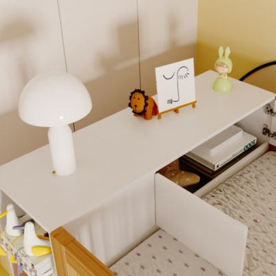 Lit Mezzanine 90x200 cm - Lit Simple avec Escalier Sécurisé, Armoire et Étagères de Rangement, Pin et MDF, Blanc et Bois Naturel