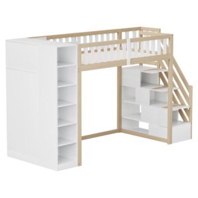 Lit Mezzanine 90x200 cm - Lit Simple avec Escalier Sécurisé, Armoire et Étagères de Rangement, Pin et MDF, Blanc et Bois Naturel