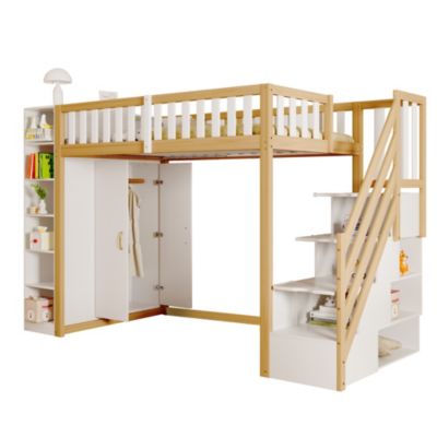 Lit Mezzanine 90x200 cm - Lit Simple avec Escalier Sécurisé, Armoire et Étagères de Rangement, Pin et MDF, Blanc et Bois Naturel