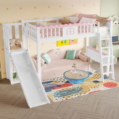 Lit Mezzanine 90x200 cm - Lit Simple avec Étagère, Toboggan et Éclairage LED Télécommande, Sans Matelas - Blanc