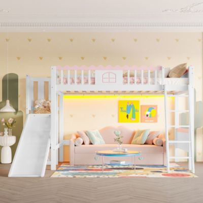 Lit Mezzanine 90x200 cm - Lit Simple avec Étagère, Toboggan et Éclairage LED Télécommande, Sans Matelas - Blanc