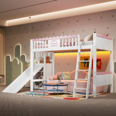 Lit Mezzanine 90x200 cm - Lit Simple avec Étagère, Toboggan et Éclairage LED Télécommande, Sans Matelas - Blanc
