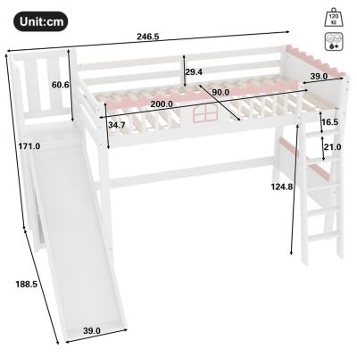 Lit Mezzanine 90x200 cm - Lit Simple avec Étagère, Toboggan et Éclairage LED Télécommande, Sans Matelas - Blanc