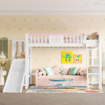 Lit Mezzanine 90x200 cm - Lit Simple avec Étagère, Toboggan et Éclairage LED Télécommande, Sans Matelas - Blanc