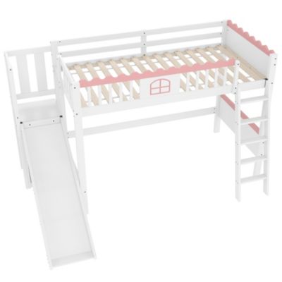 Lit Mezzanine 90x200 cm - Lit Simple avec Étagère, Toboggan et Éclairage LED Télécommande, Sans Matelas - Blanc