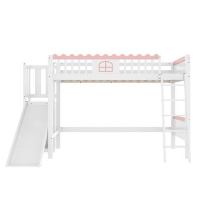 Lit Mezzanine 90x200 cm - Lit Simple avec Étagère, Toboggan et Éclairage LED Télécommande, Sans Matelas - Blanc