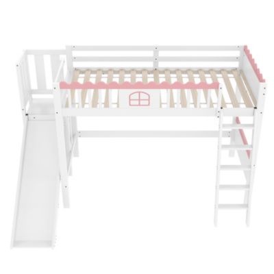 Lit Mezzanine 90x200 cm - Lit Simple avec Étagère, Toboggan et Éclairage LED Télécommande, Sans Matelas - Blanc