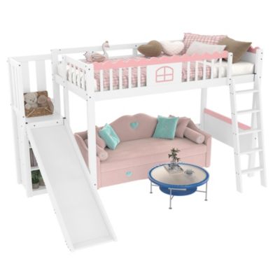 Lit Mezzanine 90x200 cm - Lit Simple avec Étagère, Toboggan et Éclairage LED Télécommande, Sans Matelas - Blanc