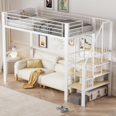 Lit Mezzanine 90x200 cm - Lit Simple Enfant Adulte avec Escalier et Grand Rangement Ouvert - Métal et Bois - Sans Matelas - Blanc