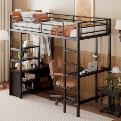 Lit Mezzanine 90x200 cm - Lit Surélevé Ado en Métal avec Bureau, Prise USB et Rangements Ouverts - Sans Matelas - Noir