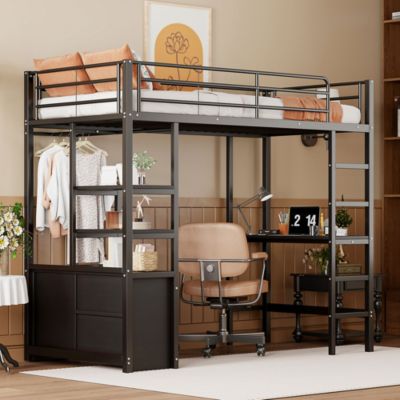 Lit Mezzanine 90x200 cm - Lit Surélevé Ado en Métal avec Bureau, Prise USB et Rangements Ouverts - Sans Matelas - Noir