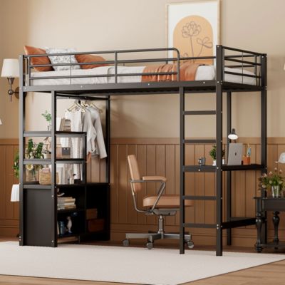 Lit Mezzanine 90x200 cm - Lit Surélevé Ado en Métal avec Bureau, Prise USB et Rangements Ouverts - Sans Matelas - Noir