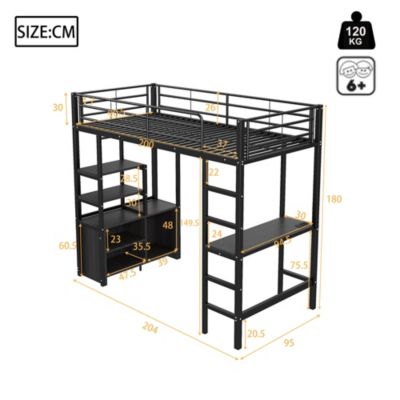 Lit Mezzanine 90x200 cm - Lit Surélevé Ado en Métal avec Bureau, Prise USB et Rangements Ouverts - Sans Matelas - Noir