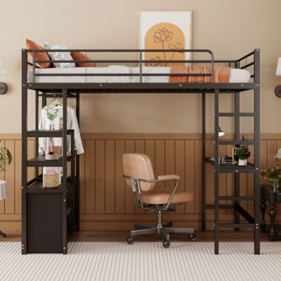Lit Mezzanine 90x200 cm - Lit Surélevé Ado en Métal avec Bureau, Prise USB et Rangements Ouverts - Sans Matelas - Noir