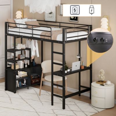 Lit Mezzanine 90x200 cm - Lit Surélevé Ado en Métal avec Bureau, Prise USB et Rangements Ouverts - Sans Matelas - Noir