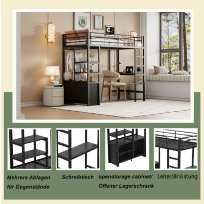 Lit Mezzanine 90x200 cm - Lit Surélevé Ado en Métal avec Bureau, Prise USB et Rangements Ouverts - Sans Matelas - Noir