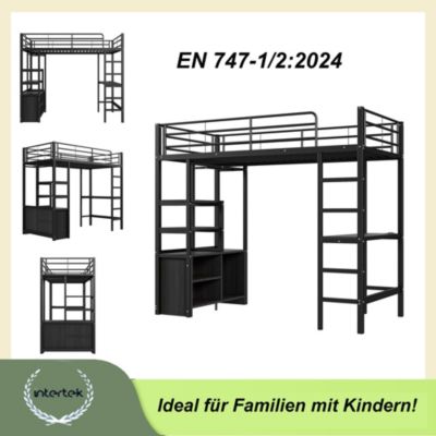 Lit Mezzanine 90x200 cm - Lit Surélevé Ado en Métal avec Bureau, Prise USB et Rangements Ouverts - Sans Matelas - Noir