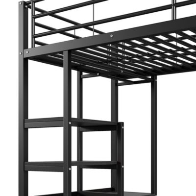 Lit Mezzanine 90x200 cm - Lit Surélevé Ado en Métal avec Bureau, Prise USB et Rangements Ouverts - Sans Matelas - Noir