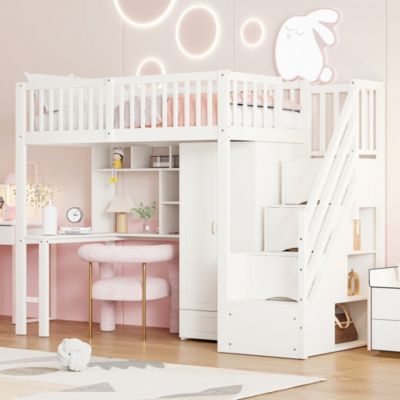 Lit Mezzanine 90x200 - Lit Enfant avec Bureau, Armoire et Rangements Intégrés, Design Pratique et Moderne, Bois Blanc