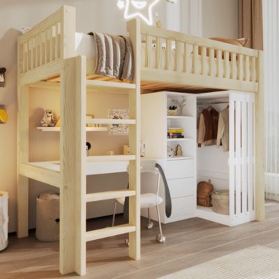 Lit mezzanine 90x200cm - bureau et armoire - 3 tiroirs - escalier - naturel (matelas non inclus)