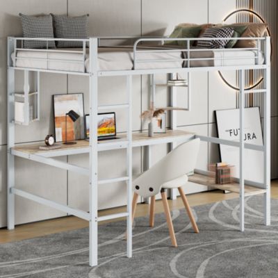 Lit mezzanine, 90x200cm, metal, blanc, bureau, etageres, enfants, ados