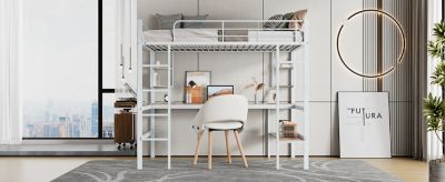 Lit mezzanine, 90x200cm, metal, blanc, bureau, etageres, enfants, ados