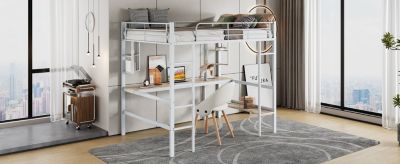 Lit mezzanine, 90x200cm, metal, blanc, bureau, etageres, enfants, ados