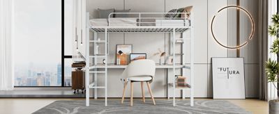 Lit mezzanine, 90x200cm, metal, blanc, bureau, etageres, enfants, ados