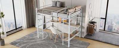 Lit mezzanine, 90x200cm, metal, blanc, bureau, etageres, enfants, ados