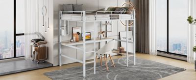 Lit mezzanine, 90x200cm, metal, blanc, bureau, etageres, enfants, ados
