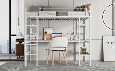 Lit mezzanine, 90x200cm, metal, blanc, bureau, etageres, enfants, ados