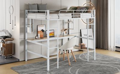 Lit mezzanine, 90x200cm, metal, blanc, bureau, etageres, enfants, ados