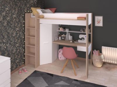Lit mezzanine enfant 90x200 cm, avec bureau + penderie, étagère de rangement, lit en fer, sans matelas, noir